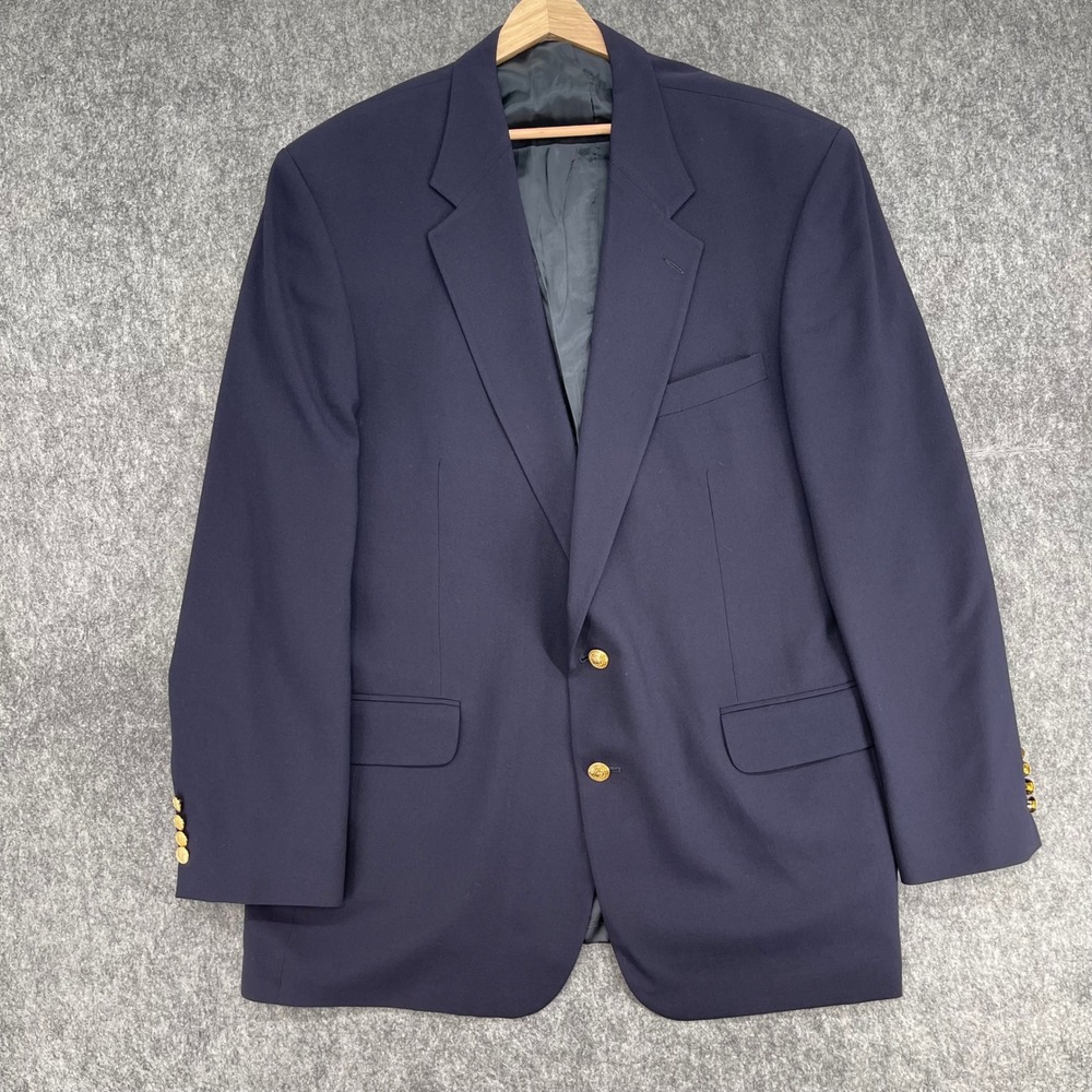 Lands End Blazer Mens 44 Long Blue Wool Gold Crest Buttons Jacket Made in USA